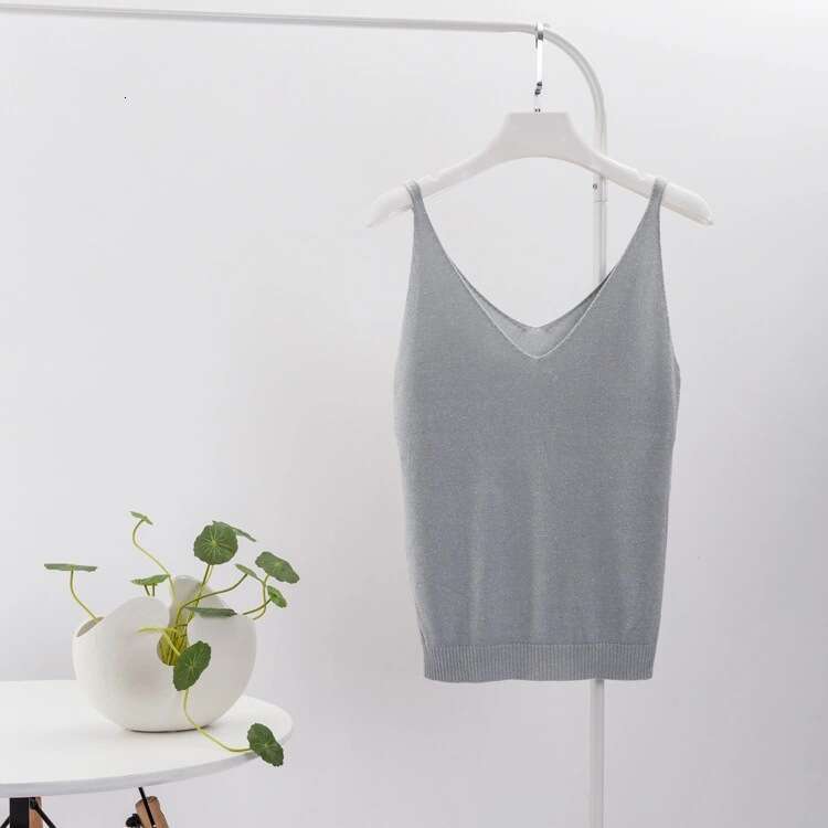 Shiny Knit Camisole for Women, Summer Thin Short Slim Fit Sexy Silver Thread Base Shirt