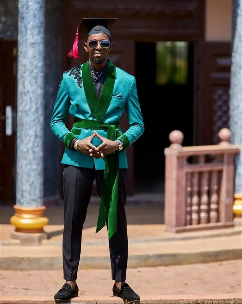 Vintage Men Suits Tailor-Made 2 Pieces Set Appliques Shawl Lapel Jacket with Belt Rhinestone Blazer Groom Customized Coat Pants Plus Size