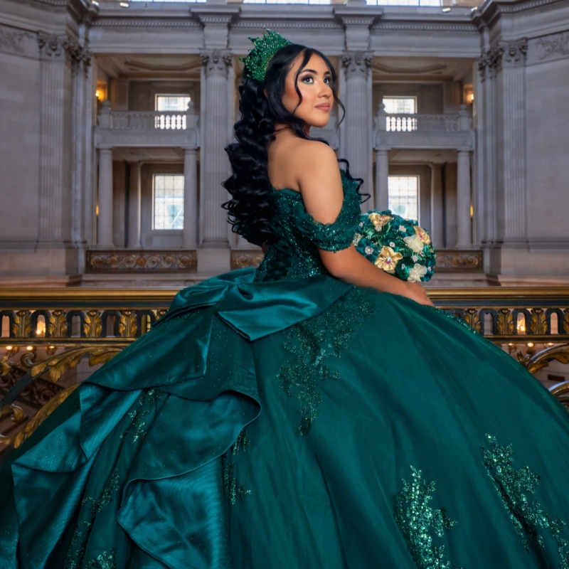 Blackish Green Shiny Quinceanera Dresses Ball Gown Off The Shoulder Applique Lace Beading Bow Tull Corset Sweet 16 Dress Vestidos 15 Anos