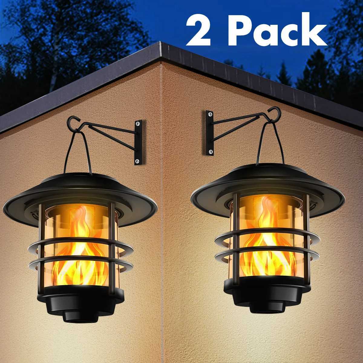 2Pack Solar Wall Lantern Outdoor Flickering Flames Solar Sconce Lights Outdoor Hanging Solar Lamps Wall Mount for Front Porch XJ250624