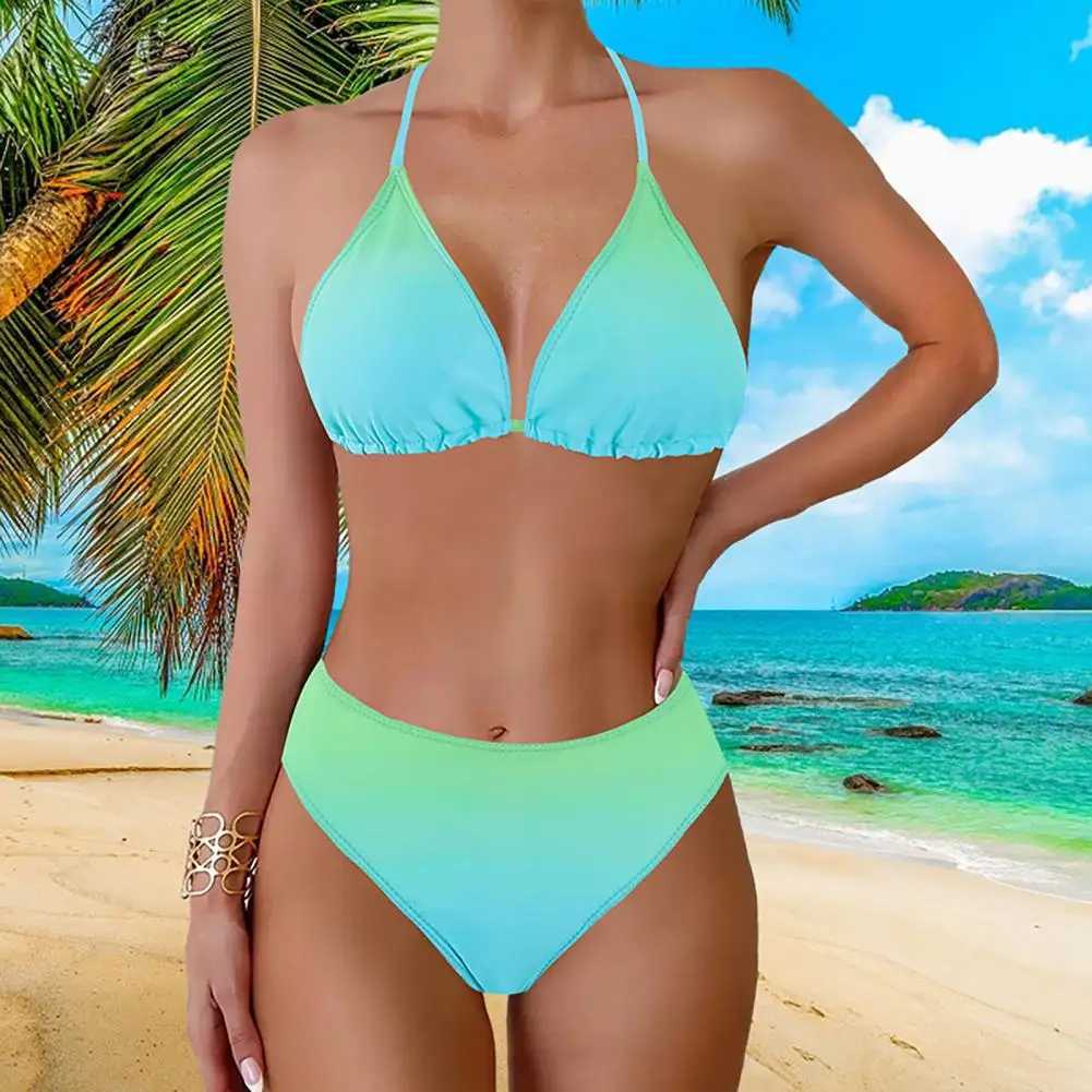 2Pcs Women Push-up Bikini Set Halter Padded Bra High Waist Swimming Briefs Set Adjustable Strap Swimsuit Gradient Split Swimwear XJ250624