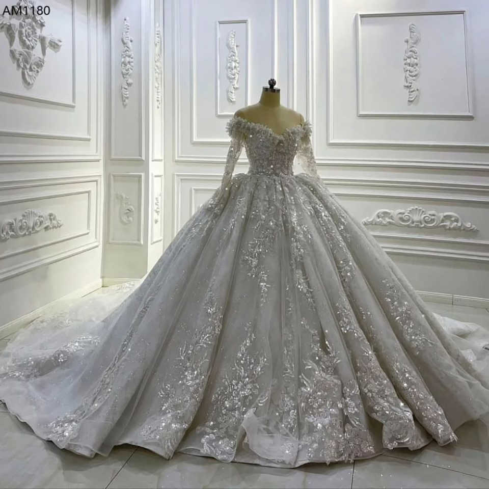 Luxury Full Beading Lace Long Sleeves Wedding Dresses Sequined High Neck Bridal Gowns Custom Made Glitter Vestido de novia