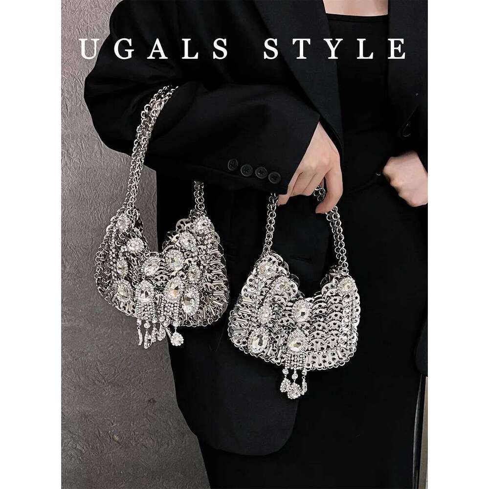 Women Dia Designer Sier Metal Sequins Chain Woven Hollow Evening Bags Clutch Travel Holiday Shoulder Bag Handbag