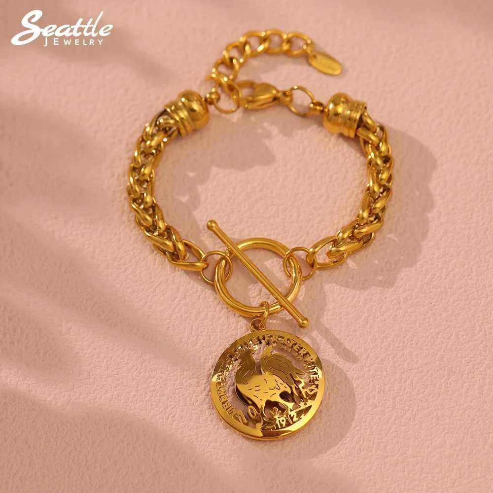 Fashion 316 Stainless Steel Thick Chain Gold Color Bangle Wens Fashion Round Chicken Pendant Bracelet Ladies Luxury Jewelry X250625