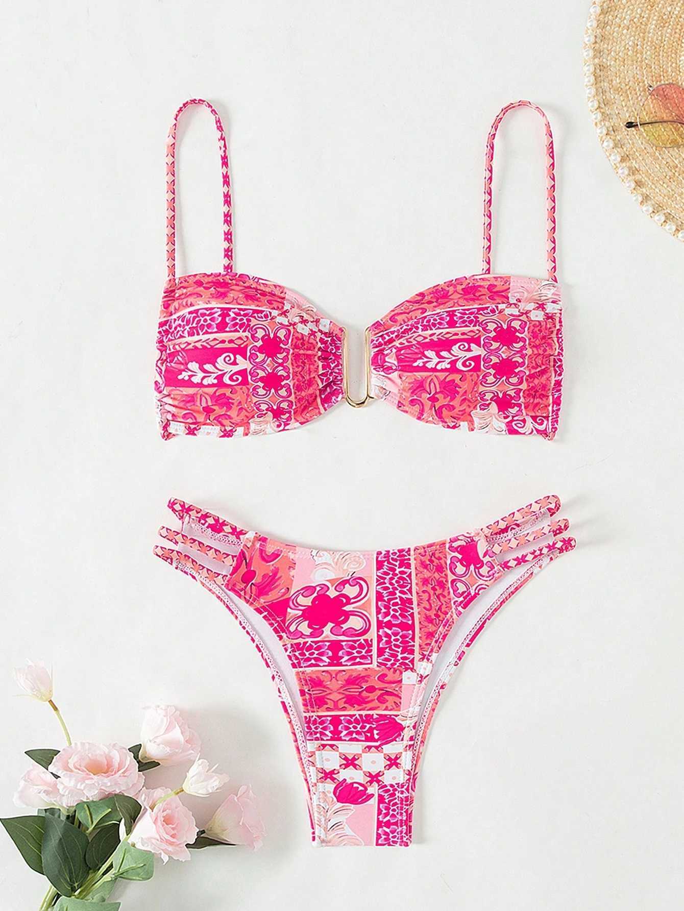 European and American ladies bikini pink print sweet senior adult high waist slim triangle swimsuit XJ250624