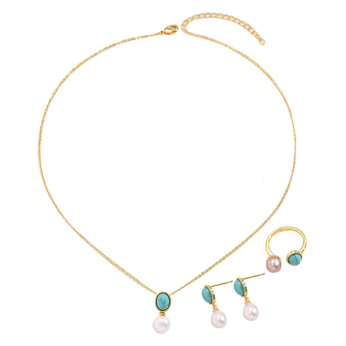 Minimalist Artistic Style Necklace Set Inlaid Pearl Stud Earrings Ring Jewelry