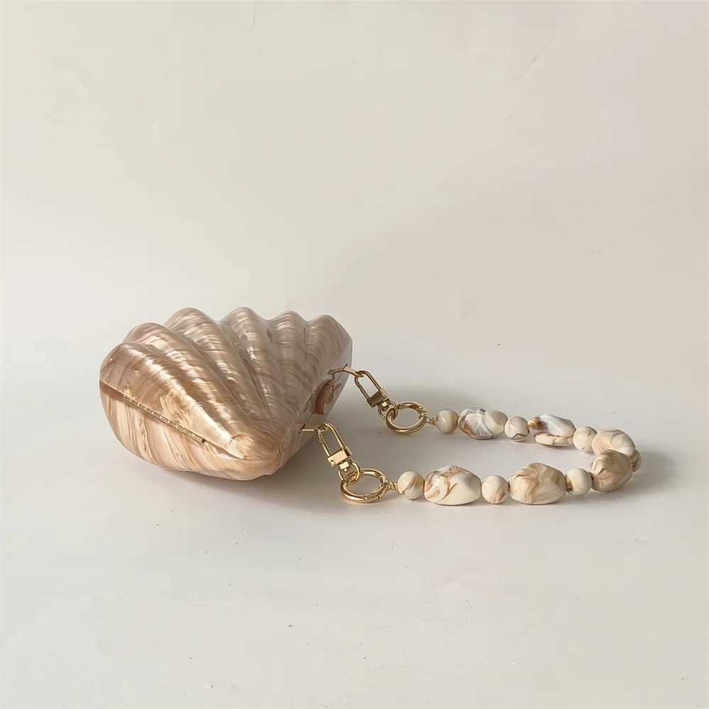 Shell Brown Acrylic Marble Pearl Box Evening Clutch Bag Women Luxury Designer Purses And Handbag Wedding Party Stones Day Wallet M250625