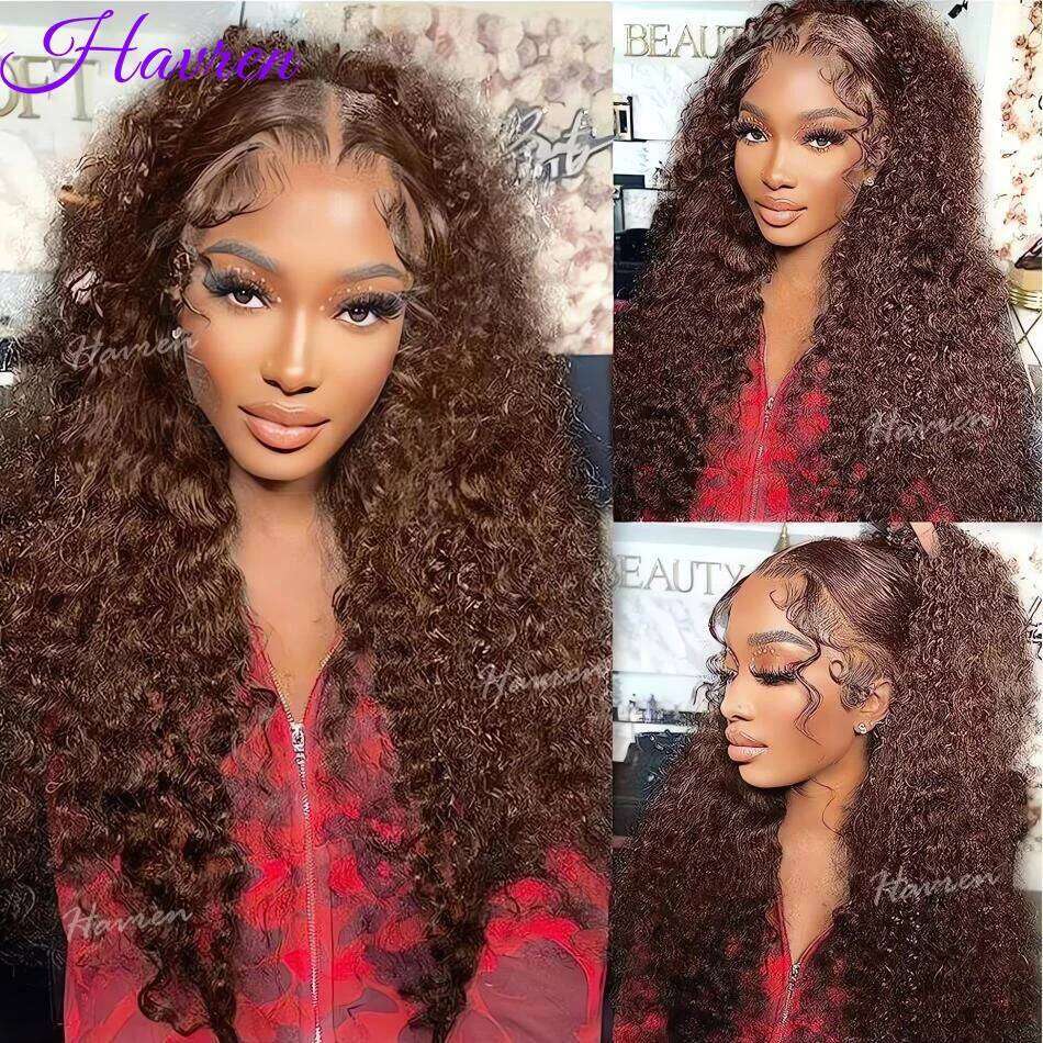 13X4 Chocolate Brown Curly Front Colored 100% Human Hair Wigs Pre Plucked Deep Wave 13X6 Hd Lace Frontal Brazilian Wig