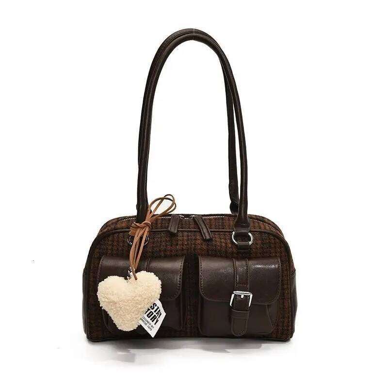 Ladies Plaid Brown Handbag Leather Splicing Women Tote Multi Pocket Commuter Underarm Purse Vintage Locomotive Shoulder Bag