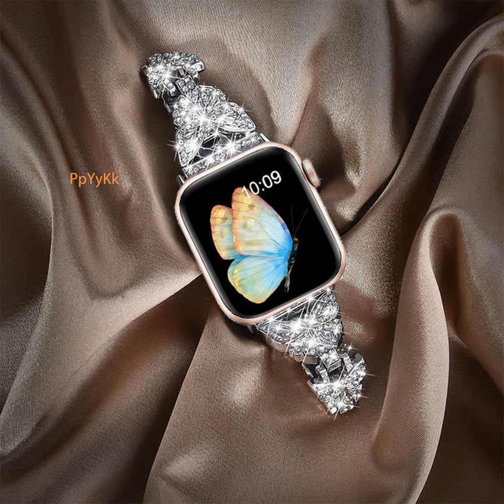 Luxury High End New Arrival Small Butterfly Metal Diamond Inlaid Watch Straps for All Series of Apple iWatch