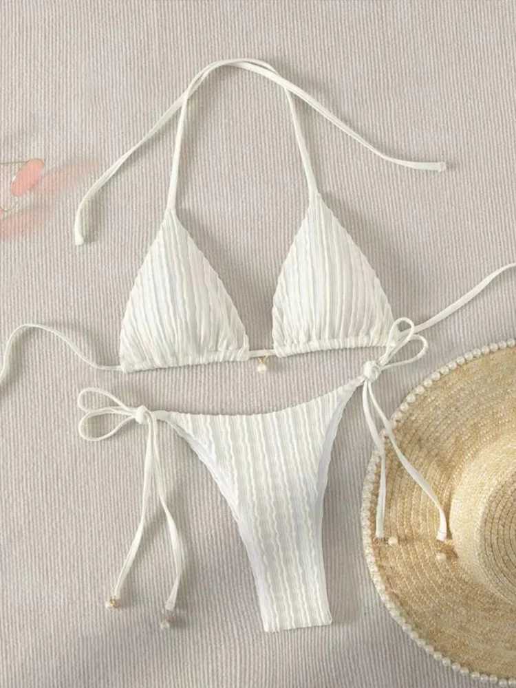 Vzvn 2025 New Summer Swimwear Bikinis Set Sexy Backless Bikini 2 Pieces Set Women Laced Up Solid Split Swimsuit Beach BikiniXJ250624