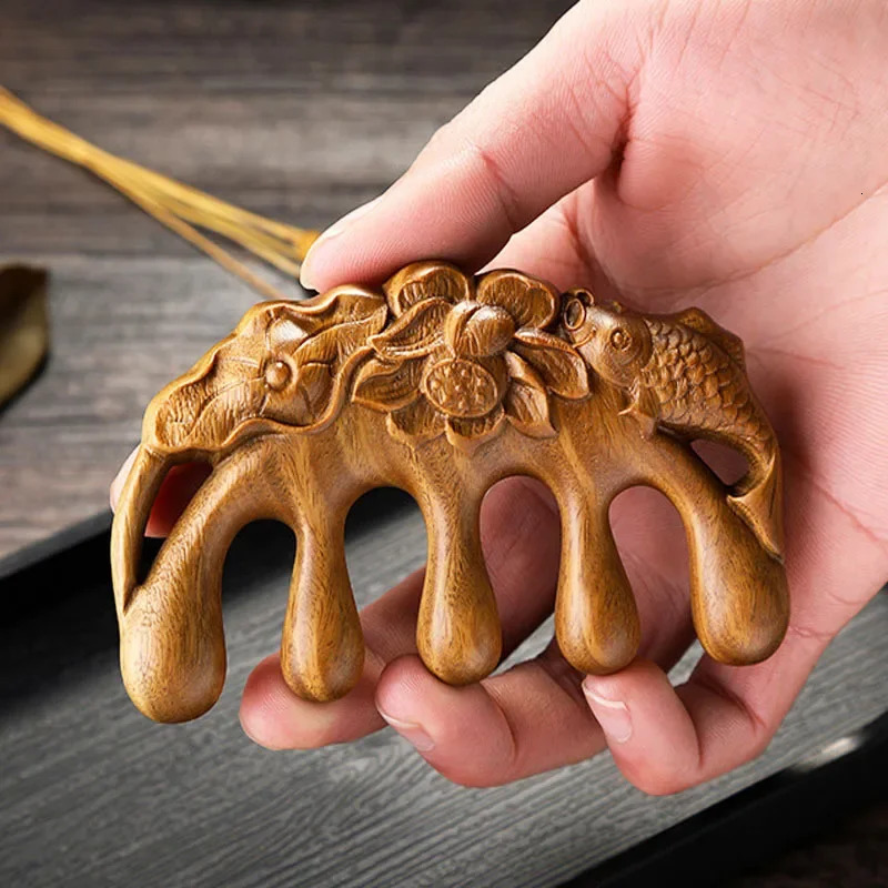 Golden Sandalwood Massage Wooden Comb Head Meridian Comb Health Care Massager Tool Lotus Leaf Fish Massage Comb Head Therapy 250625