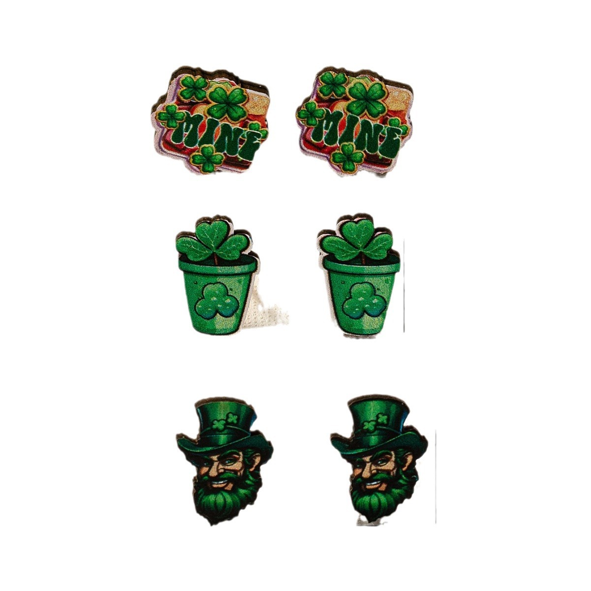 1 Set of 3 Pairs Green Earrings Four-Leaf Clover Wooden Material Exquisite Small Fresh Forest Style
