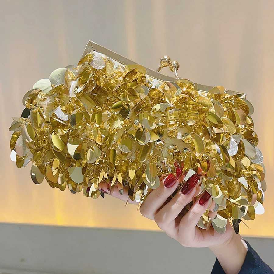 Fashion Sequins Beading Evening Bag Women Green Dinner Party Day Clutch Purse Hand-woven Chains Shoulder Bag Glitter Handbag Sac M250625