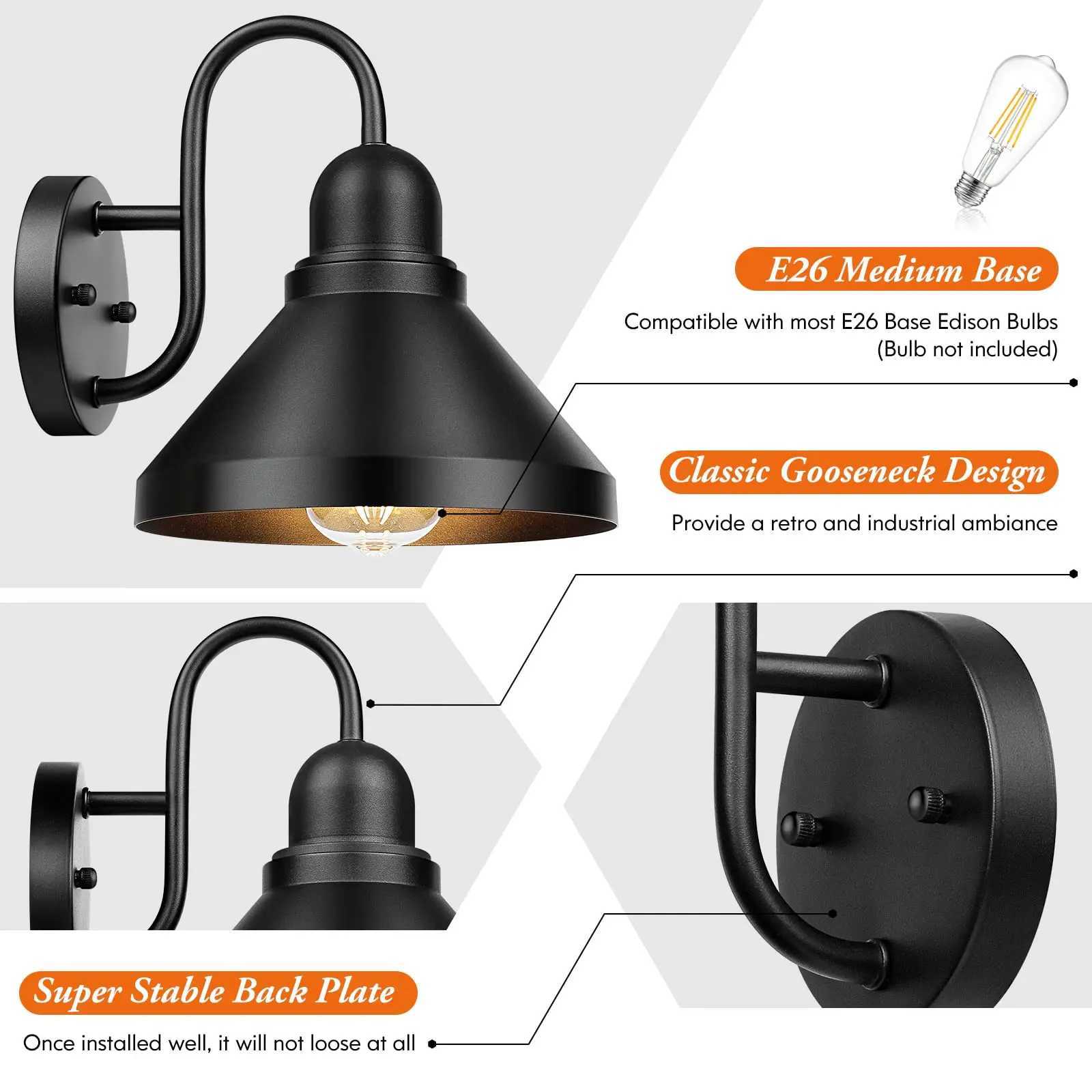 Gooseneck Outdoor Light Fixtures 2-Pack Farmhouse Barn Lights for Porch Industrial Black Exterior Wall Sconce E26 BaseXJ250624