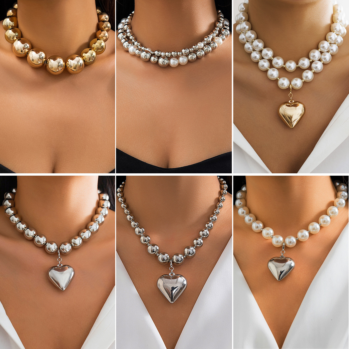 Exaggerated Cyber Style Multi-layer Bead Layered Elegant Niche Detachable Heart-shaped Personality Necklace