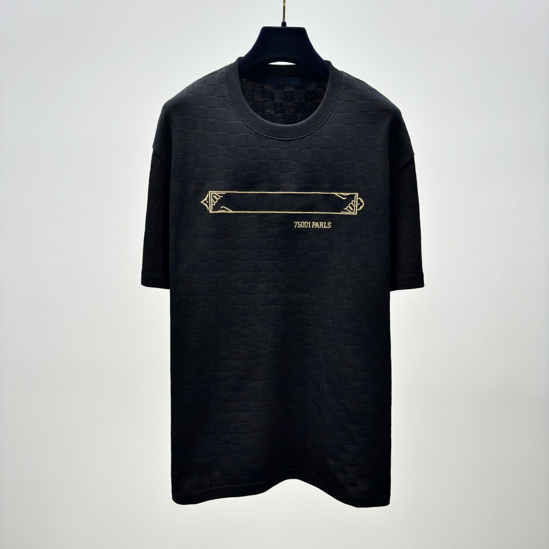 Men's Cotton T-Shirt Letter Embroidered Round Neck Short Sleeve Black 2025