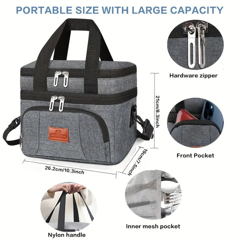 Multifunctional Double Layers Tote Cooler Lunch Bags for Women Men Large Capacity Travel Picnic Lunch Box with Shoulder Strap 250624