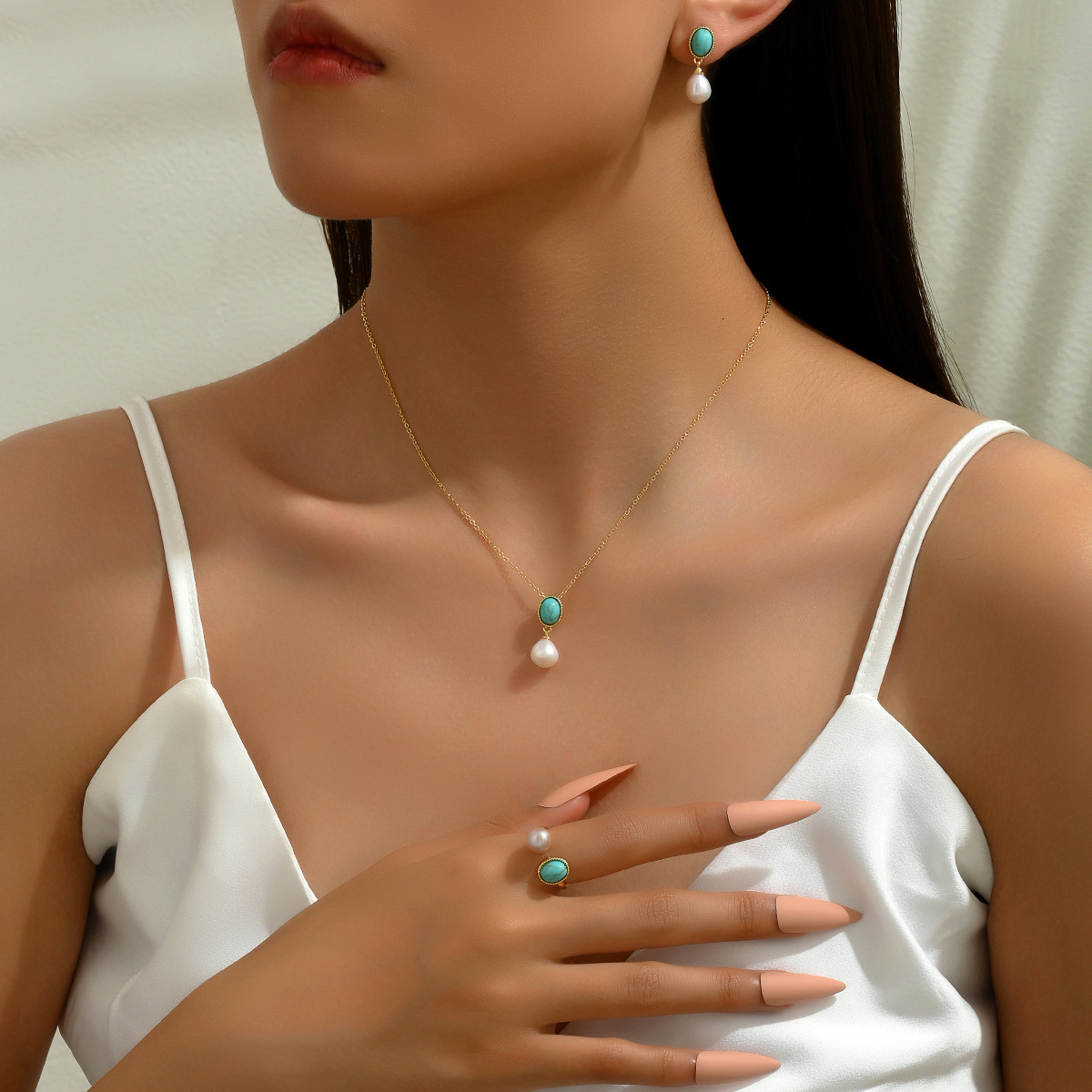 Minimalist Artistic Style Necklace Set Inlaid Pearl Stud Earrings Ring Jewelry