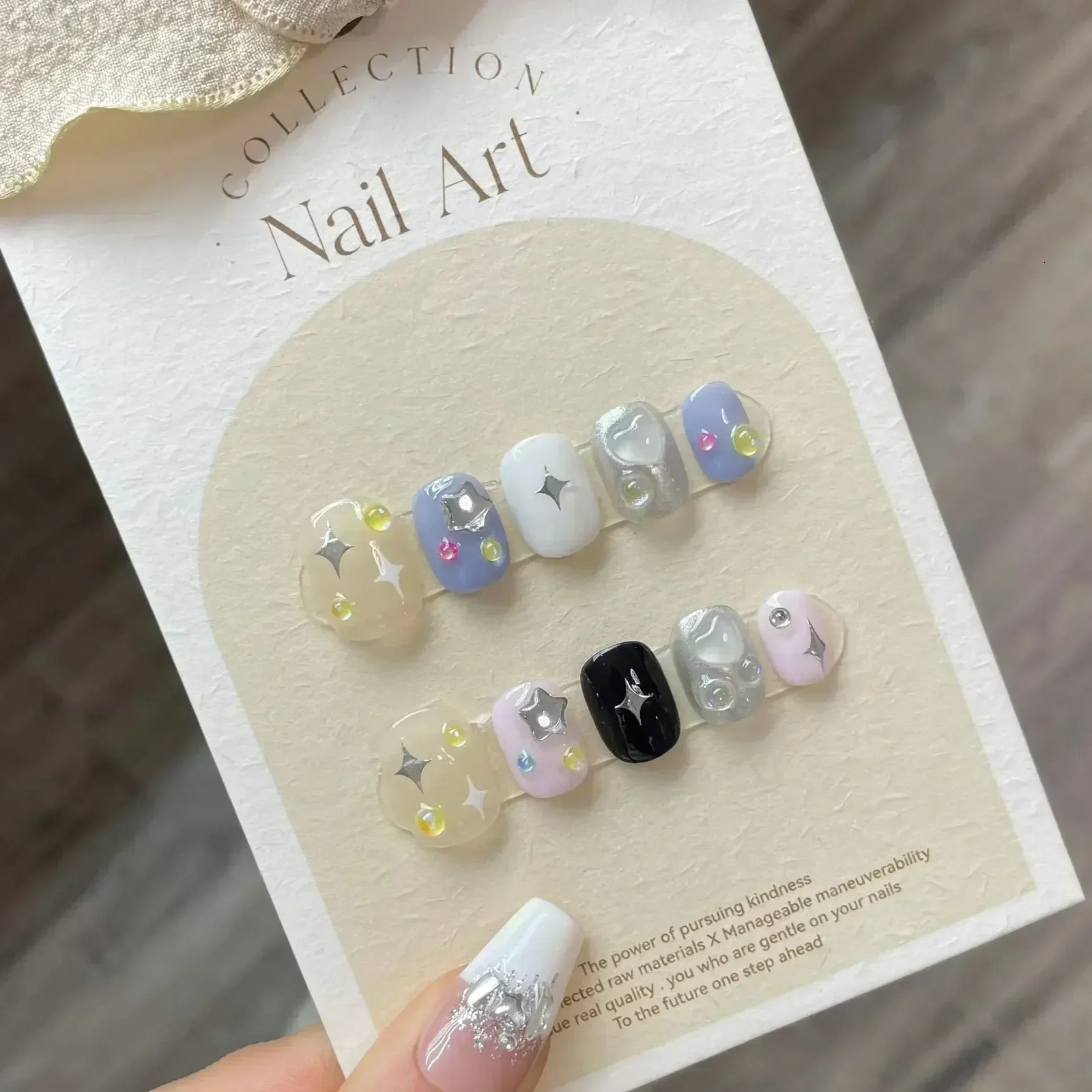 10Pcs Handmade Gothic Short Press on Nails Rhinestone Round Manicure Decoration Wearable Full Cover with Acrylic Nail Tip 250625