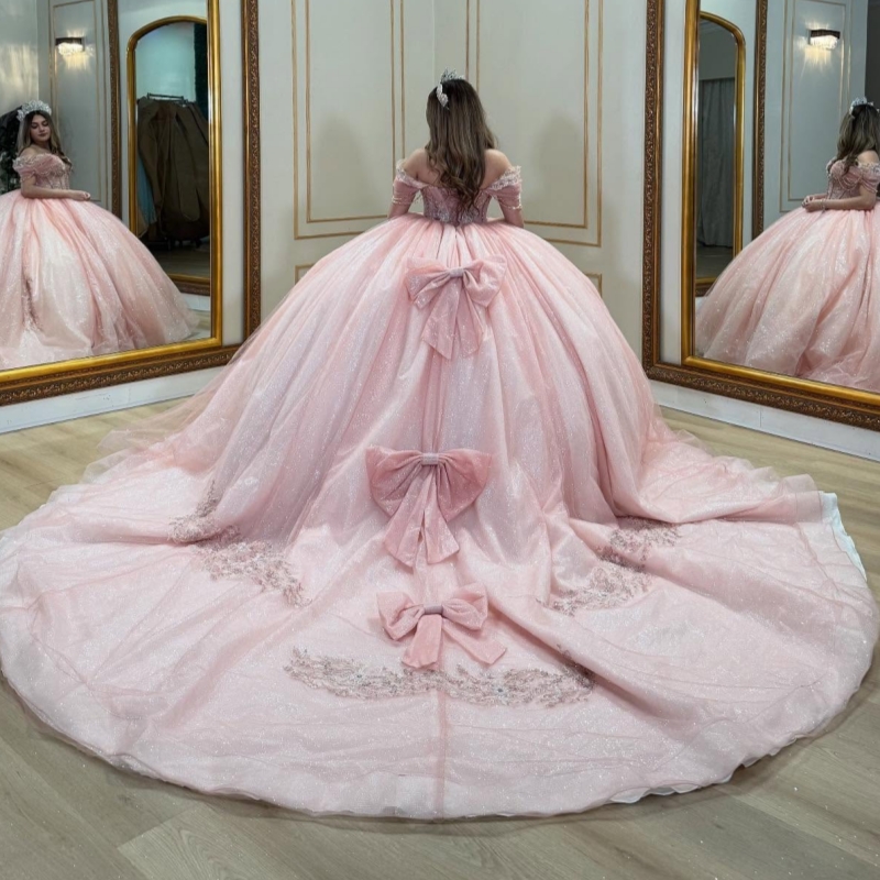Pink Shiny Quinceanera Dresses Ball Gown Off The Shoulder Applique Bow Beading Crystal Tull Corset Sweet 16 Dress Vestidos 15 Anos