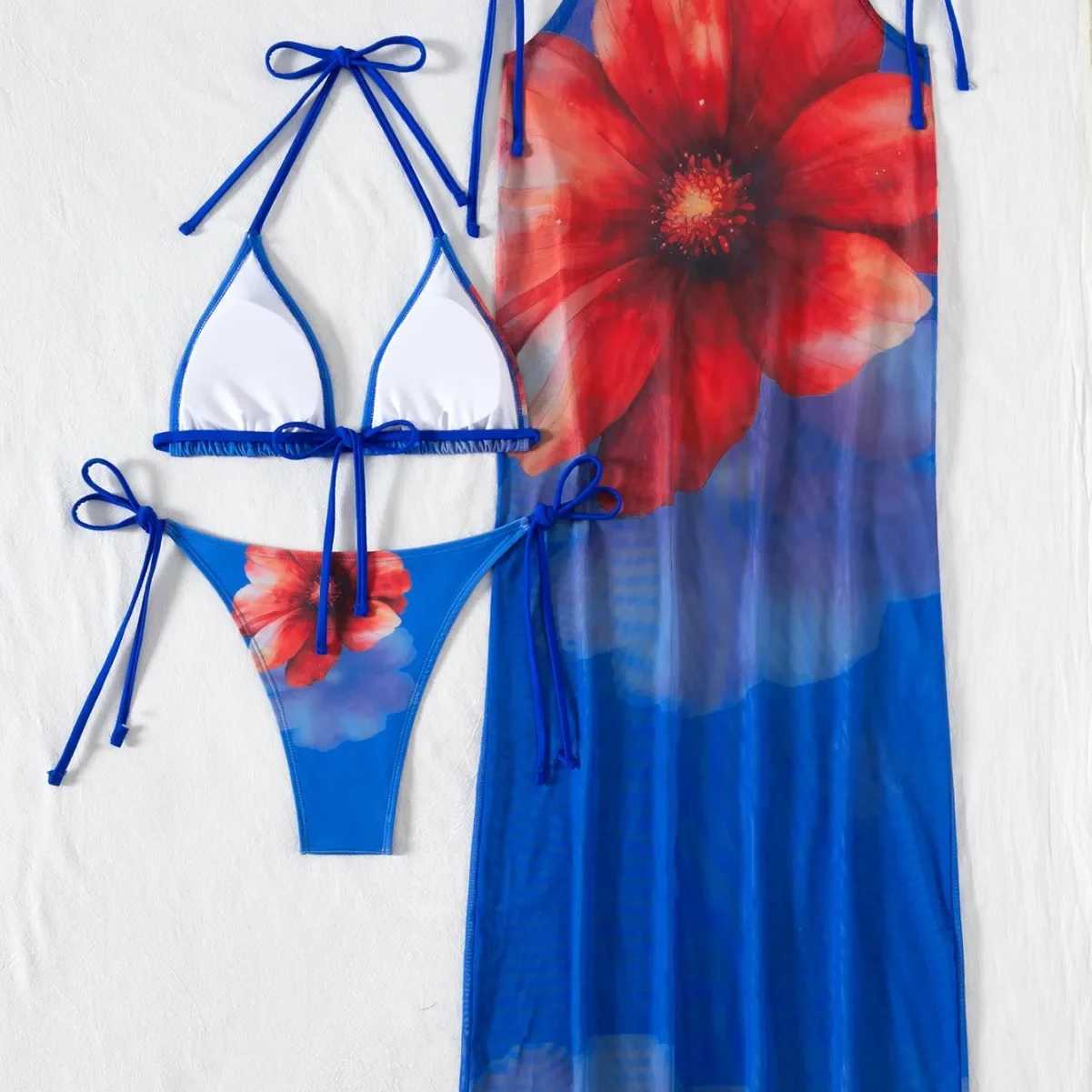 Sexy Print Long Dress Bikini Swimsuit Womens Two-Piece Suit Three-Piece Set Cross-Border 2025 New Arrival AE Stock Origin China XJ250624