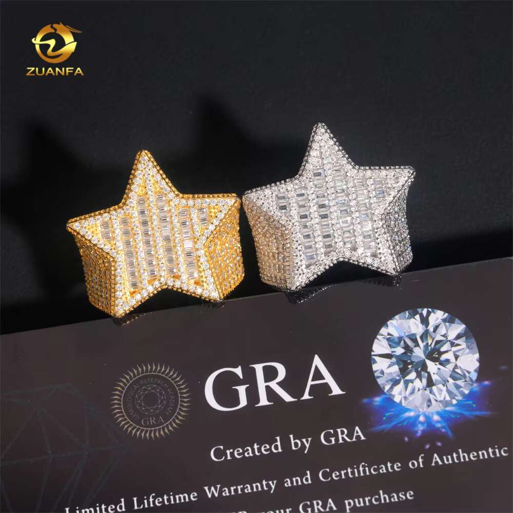 Luxury Fine Jewelry 925 Sterling Silver VVS Baguette Moissanite Diamond Men Rings Hiphop Bling Iced Out Star Ring