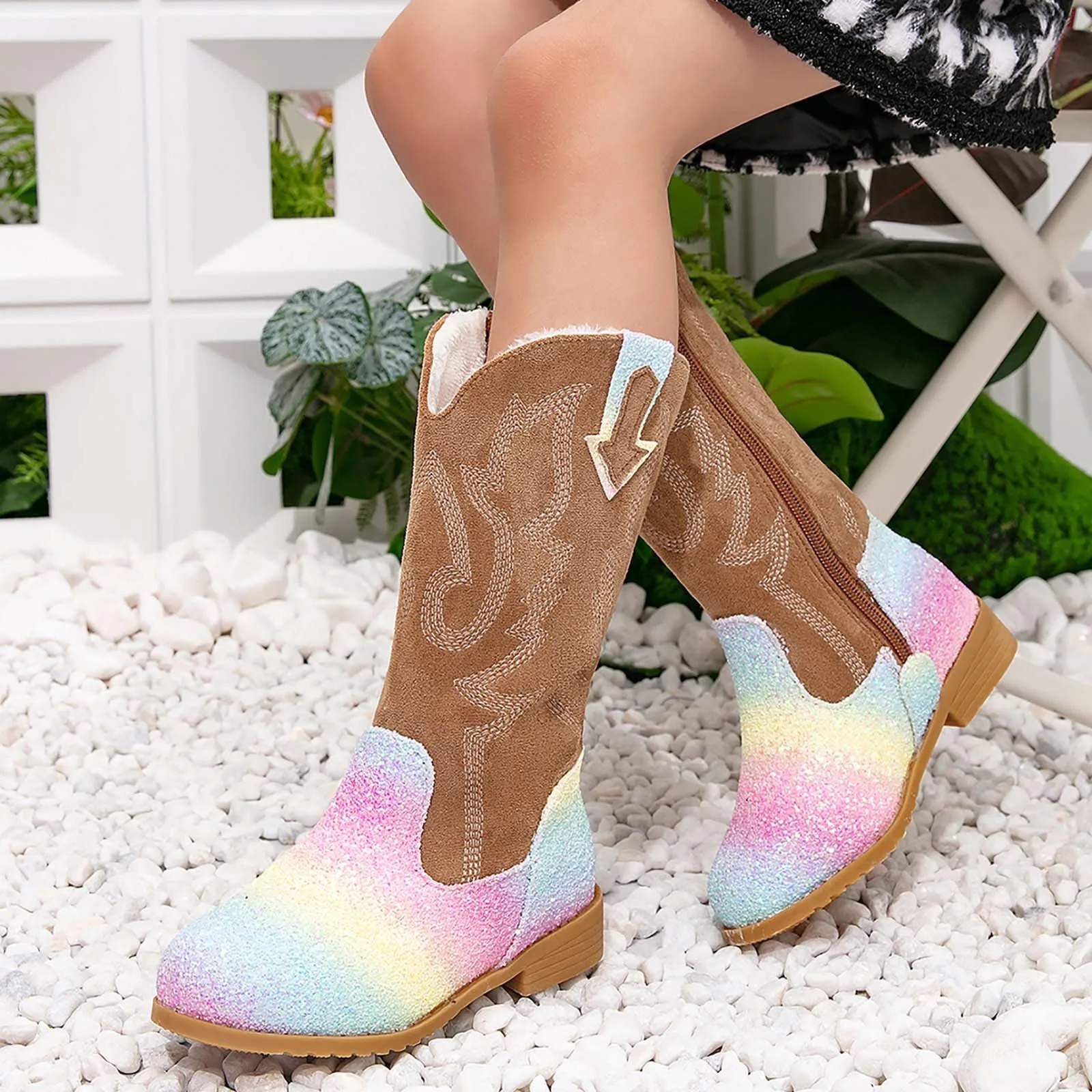 Toddler Snow Gear Girls Boots Mid Calf Round Toe Glitter Toddler Western Cowboy Boot Little Kid Big Kid Riding Girls Boot Size 4 250624