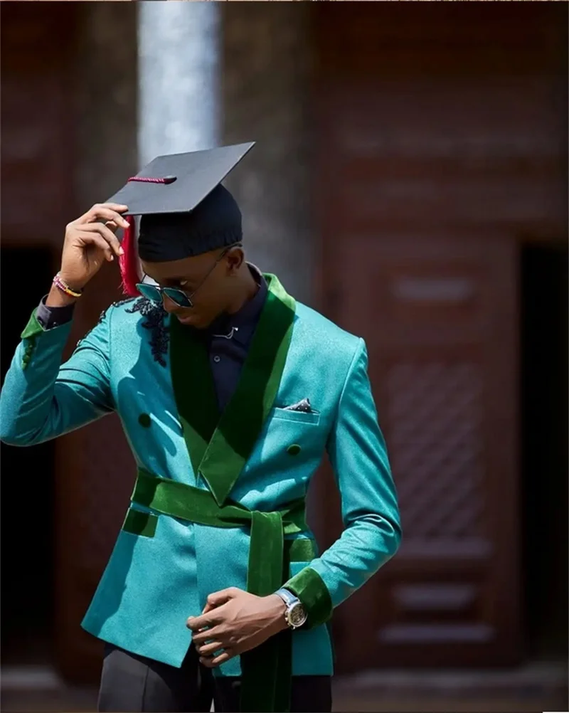 Vintage Men Suits Tailor-Made 2 Pieces Set Appliques Shawl Lapel Jacket with Belt Rhinestone Blazer Groom Customized Coat Pants Plus Size