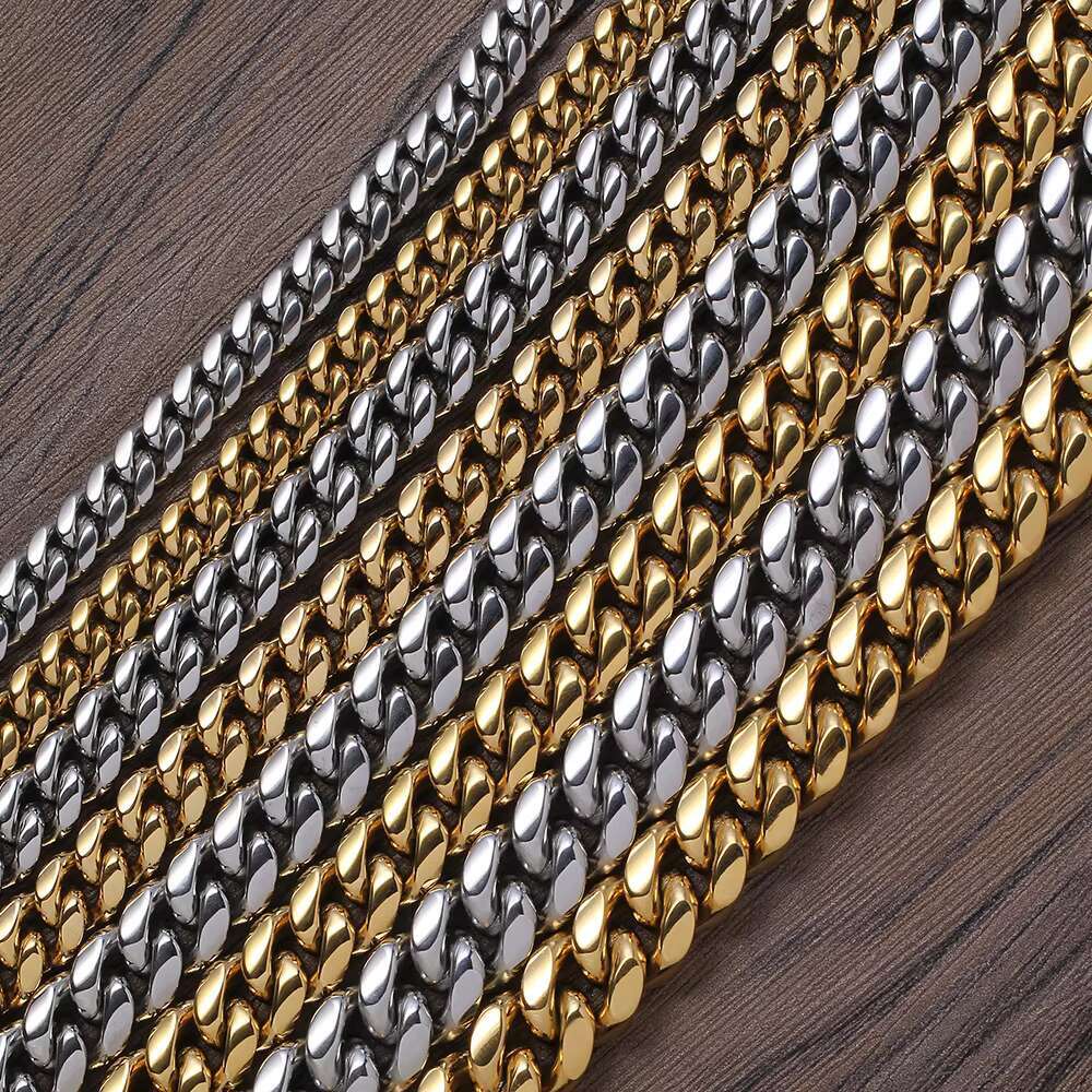 BC001 8mm 10mm 12mm 14mm Stainless Steel Cuban Chain Necklace with Brass Setting Zircon Clasp Hip Hop BLING