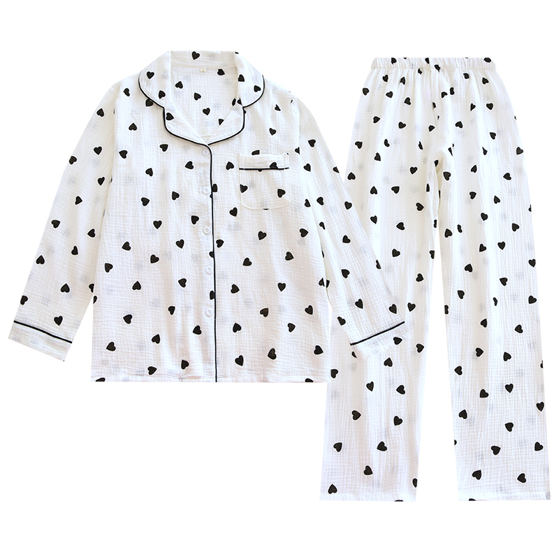 Spring Summer Autumn Women's Korean-style High-end Love Printed Pure Cotton Crepe Long-sleeved Trousers Loose Breathable Home Clothes