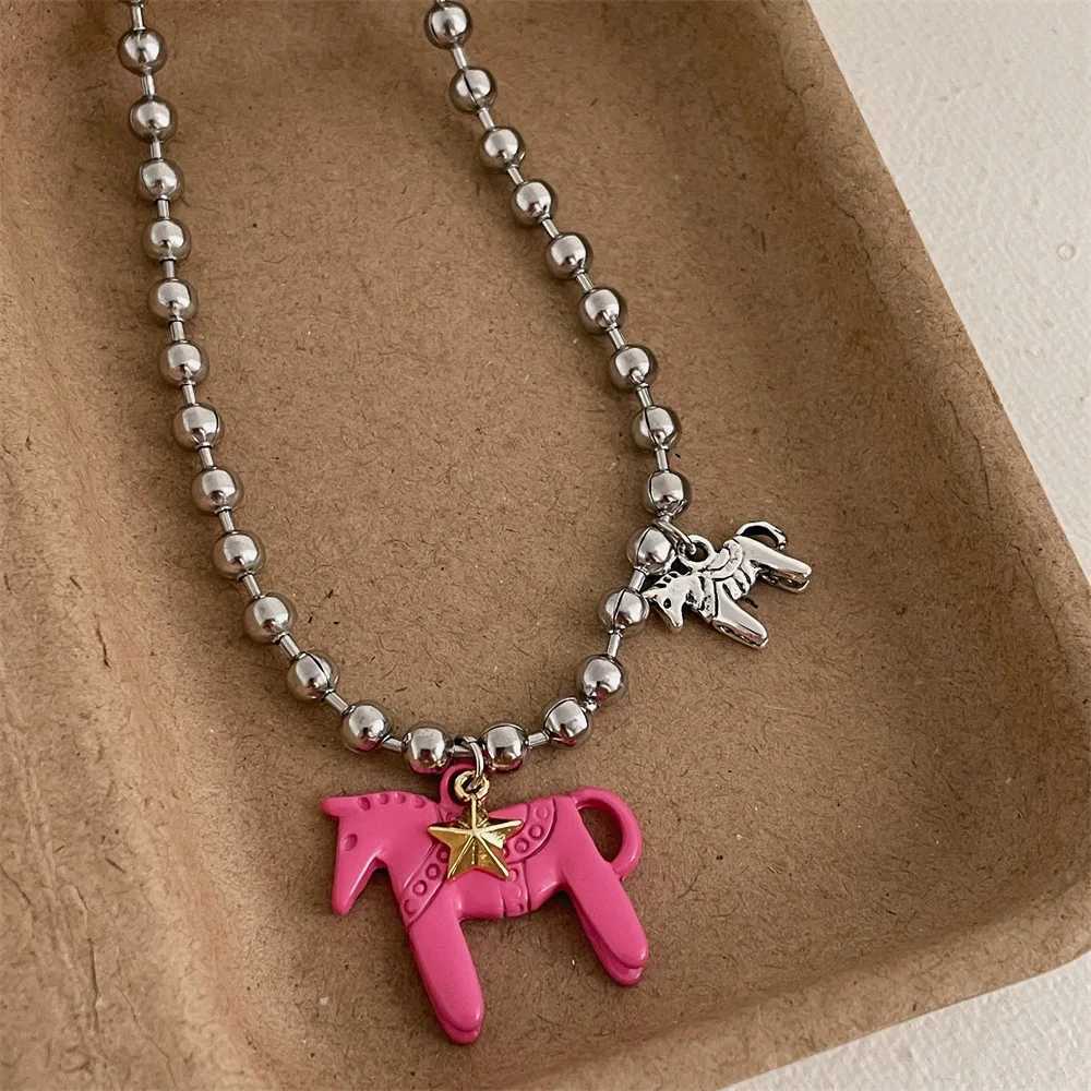 LATS White Black Green Blue Pink Color Enamel Colt Horse Pendant Necklaces for Women Silver Plated Alloy Beads Chain Chokers V250625