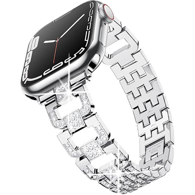 Luxury Premium Fashion D Shaped Full Diamond Inlaid Five Link Metal Watch Band for Apple Watch Series 1-9