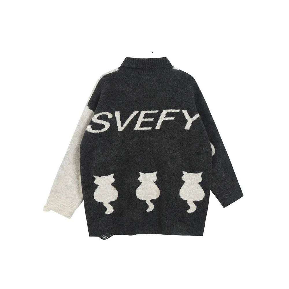 Women's Oversized Sweater Knitted Autumn Winter Turtleneck Cute Cat Print Knit Pullover Warm Sweaters for Women C-062