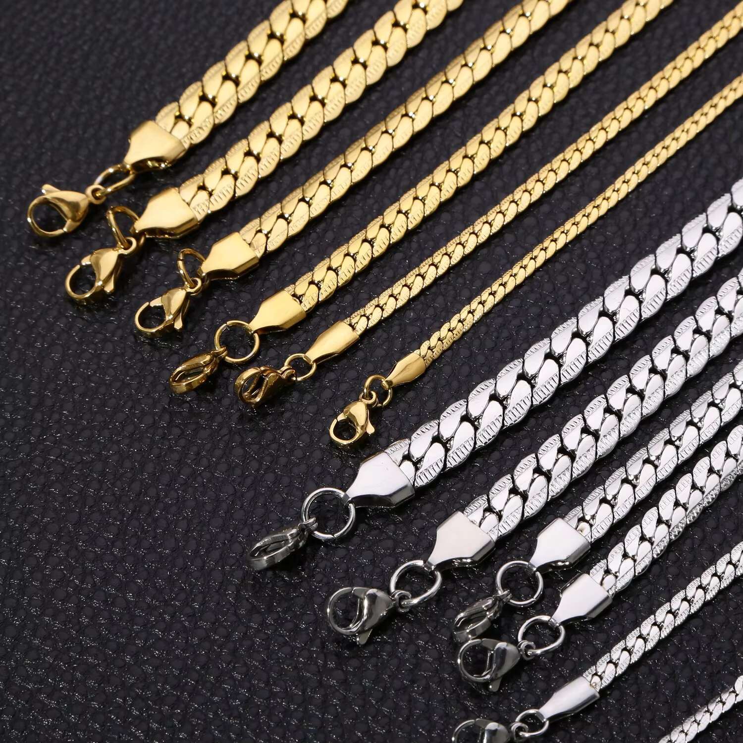 3MM 5MM Cool Cuban Men Embossed Flat Cuban Chain Necklace Gold Silver Stainless Steel Miami Cuban Link Chain Jewelry