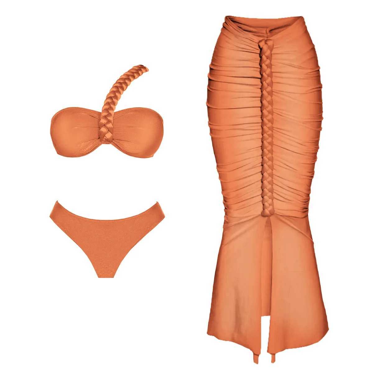 3Pcs Crochet Bikini With Cover Up Sexy Women Swimsuit Female 2025 Swimwear One Shoulder Swimming Suit Push Up Bodysuit Beachwear XJ250624