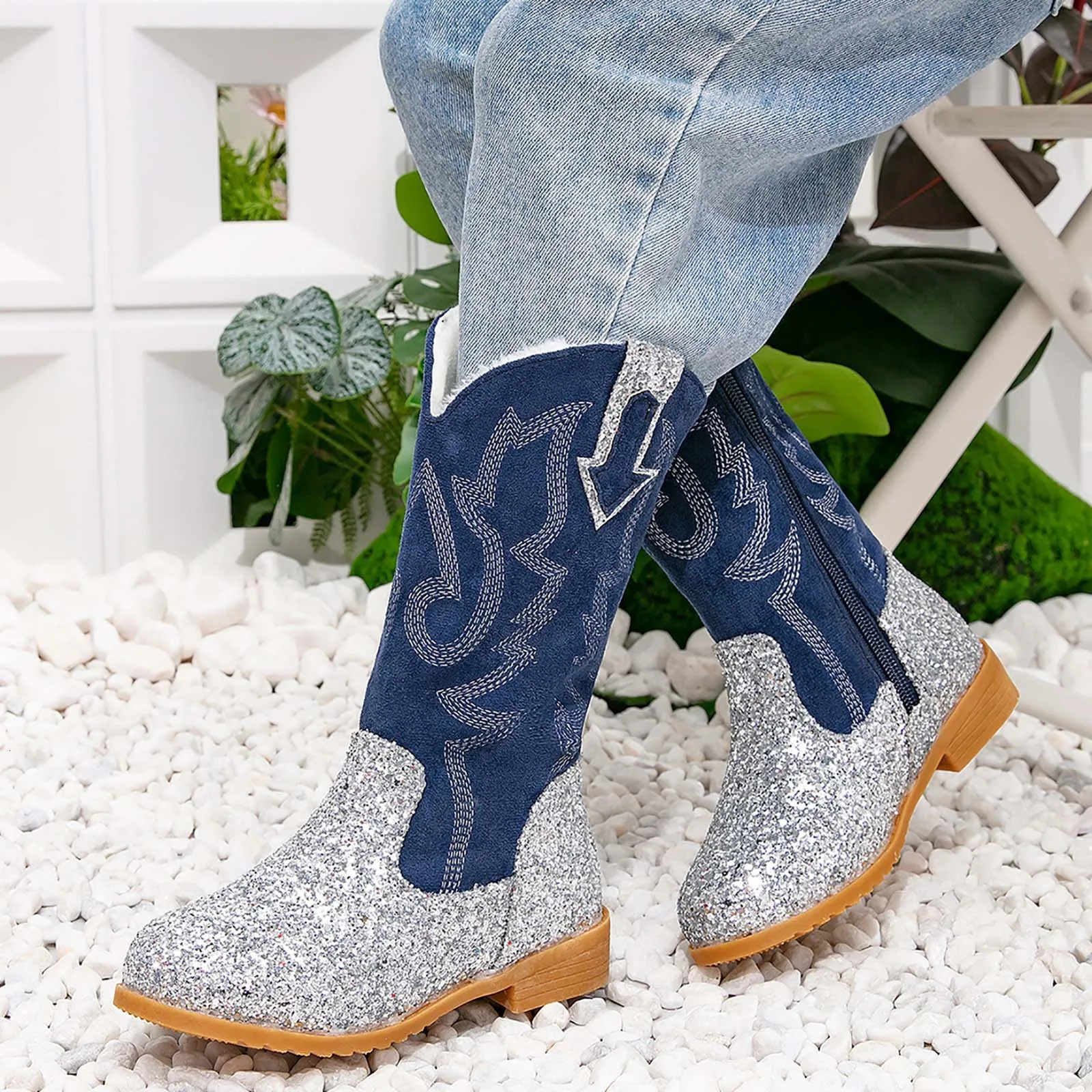 Toddler Snow Gear Girls Boots Mid Calf Round Toe Glitter Toddler Western Cowboy Boot Little Kid Big Kid Riding Girls Boot Size 4 250624
