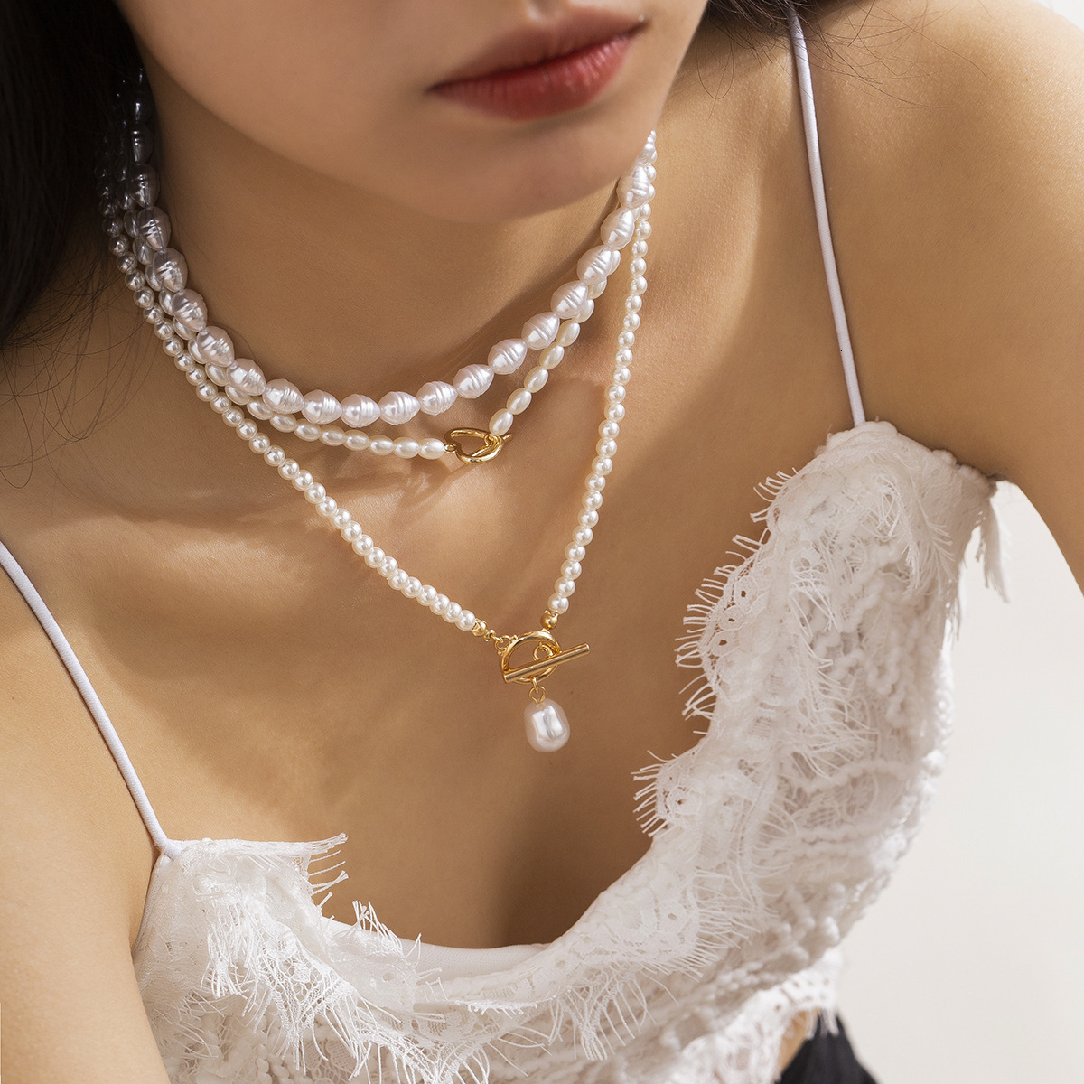 Layered Beaded Heart-Shaped Full Dia French Elegant Multi-Layer Rice-Shaped Imitation Pearl Necklace for Women