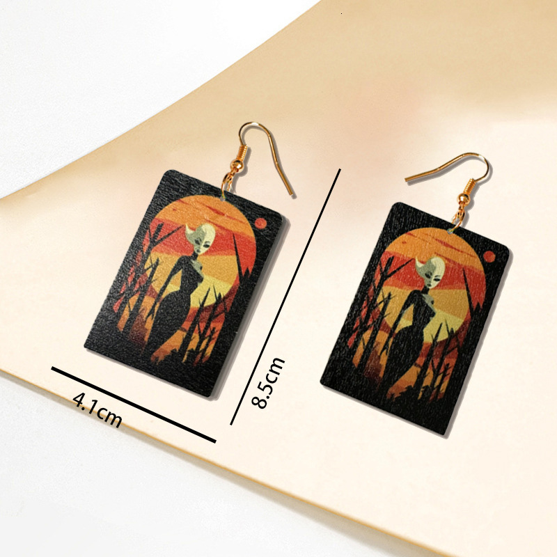1 Pair Square Halloween Earrings for Women Alien Dark Style Sunset Celebration Double-Sided Print Funny