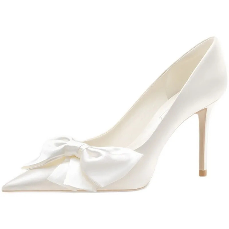 Fashion White Satin Bow Heels Women Pumps Shoes Butterfly High Heels Pumps Elegant Heeled Wedding Shoes 250624