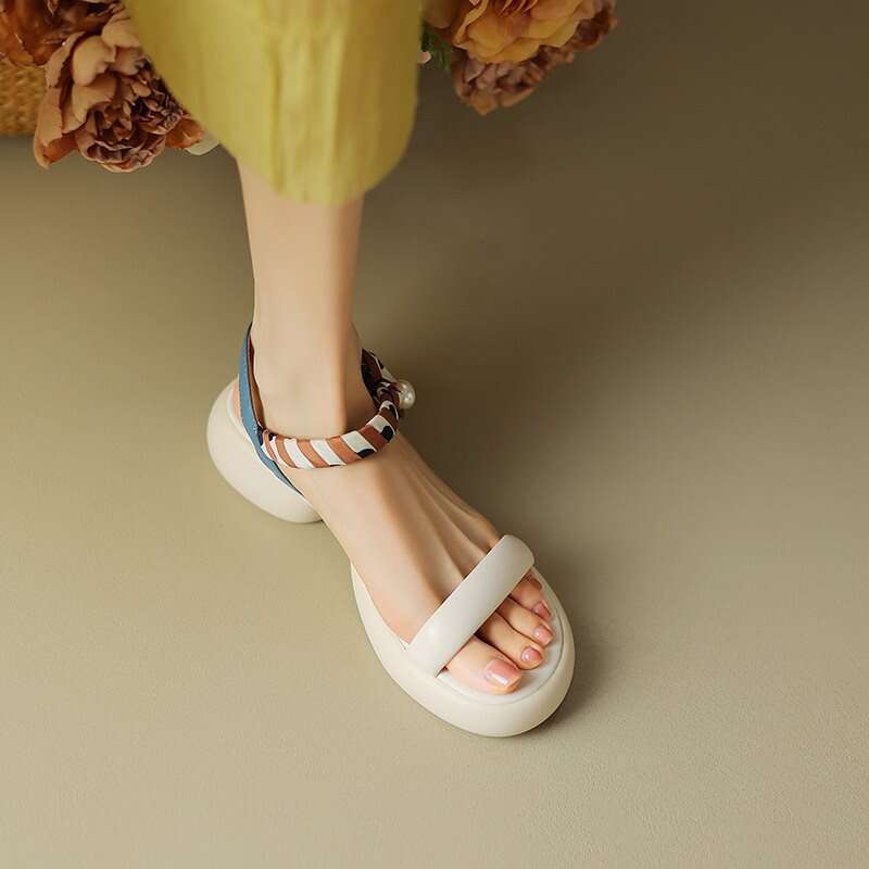 Women's New Open-Toe Sandals with Chunky Heels 2023 Summer Casual Commuter Round-Toe Thick Sole in Apricot Color