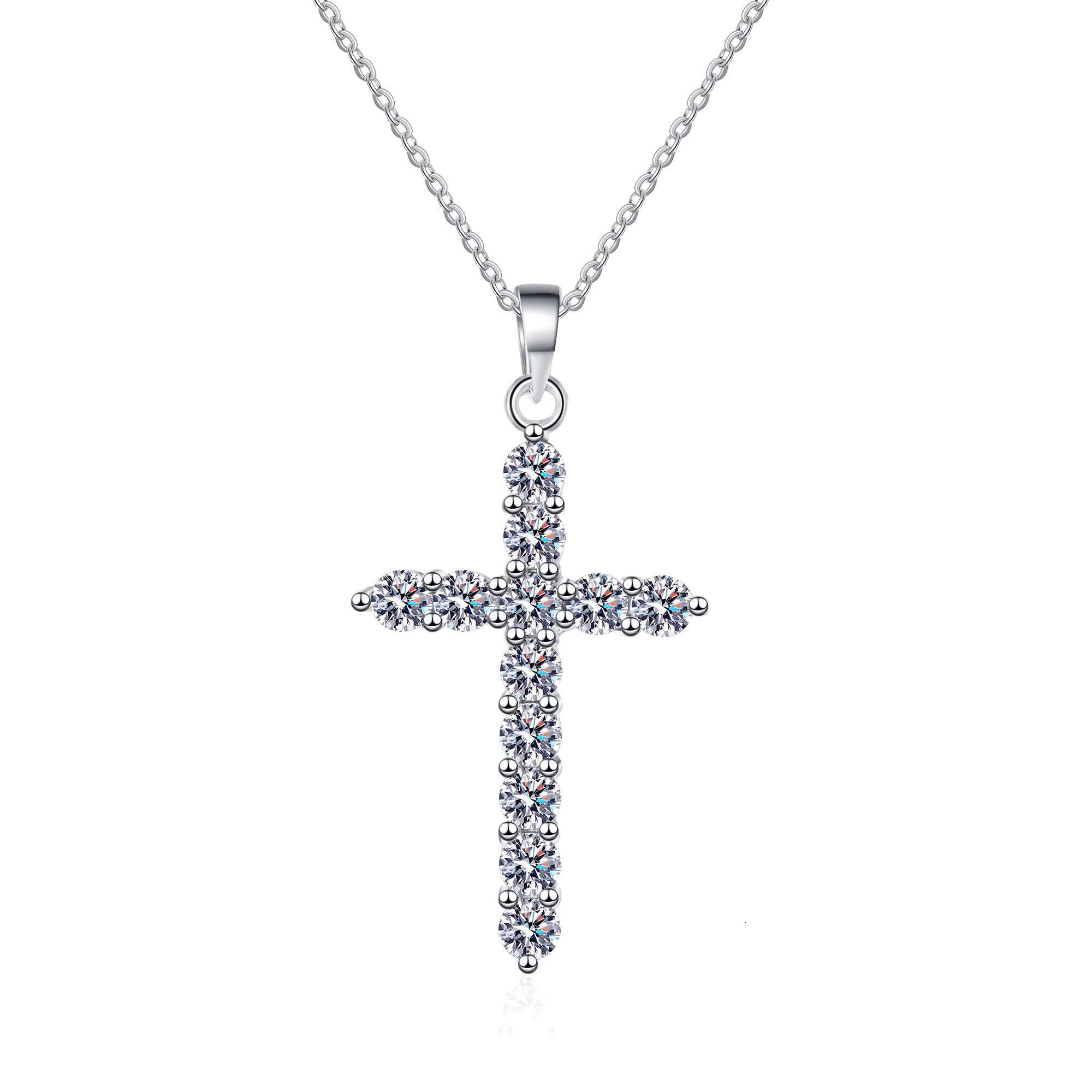 Hot Sales S925 Sterling Silver Moissanite Cross Pendant Necklace VVS D-Color with Rhodium Plating Birthstone Claw Setting Inlay