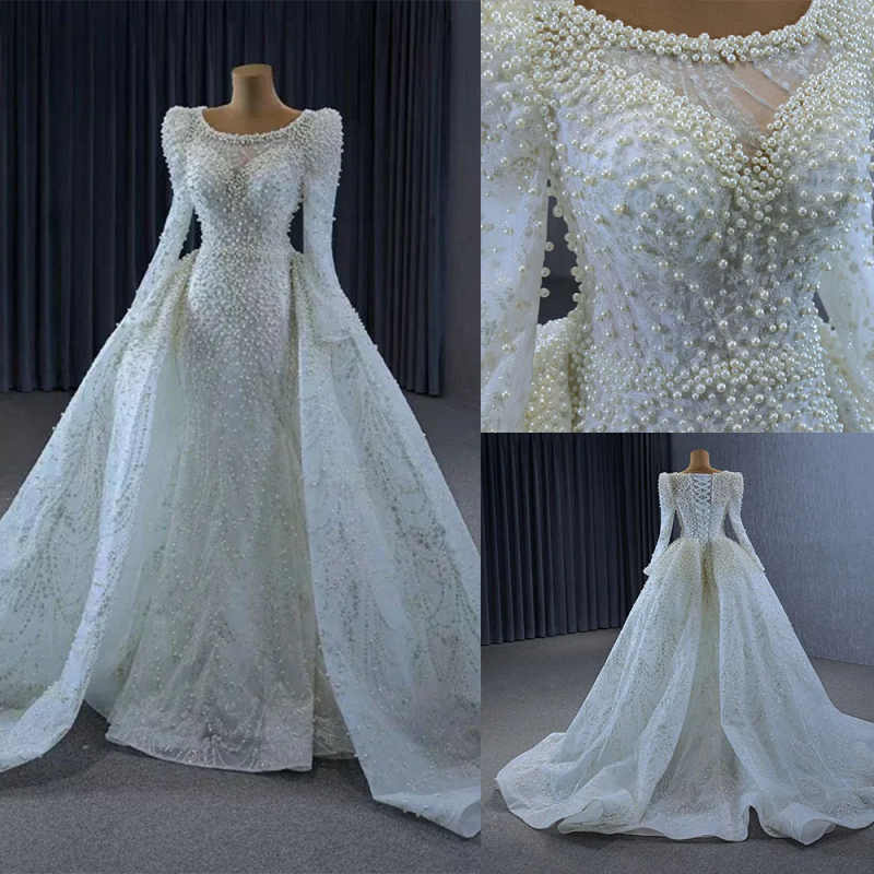 Elegant A Line Women Wedding Dress Jewel Neck Long Sleeves Bridal Gowns Sequins Pearls Detachable Train Dress Custom Made vestidos de novia