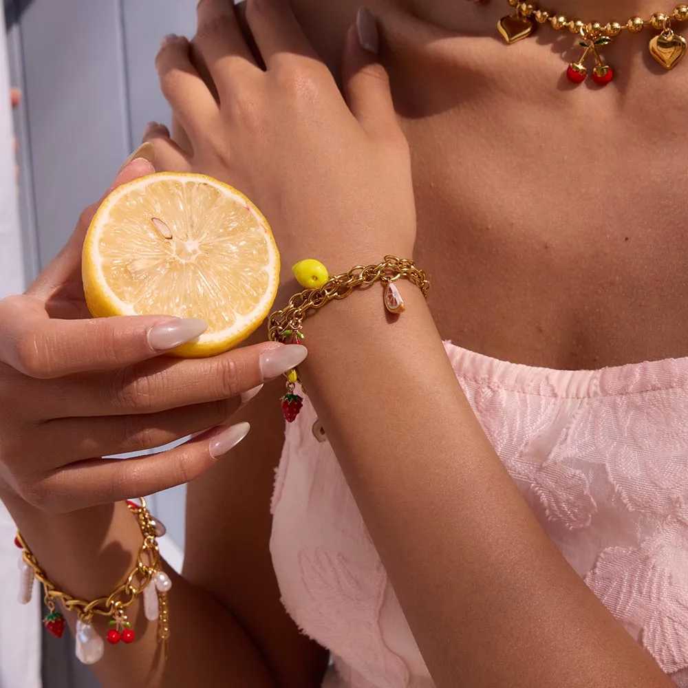 Uworld 18K Gold Color Plated Stainless Steel Shaped Acrylic Pearl and Fruit Pendant Bracelet Stackable Watermelon Bracelet X250625