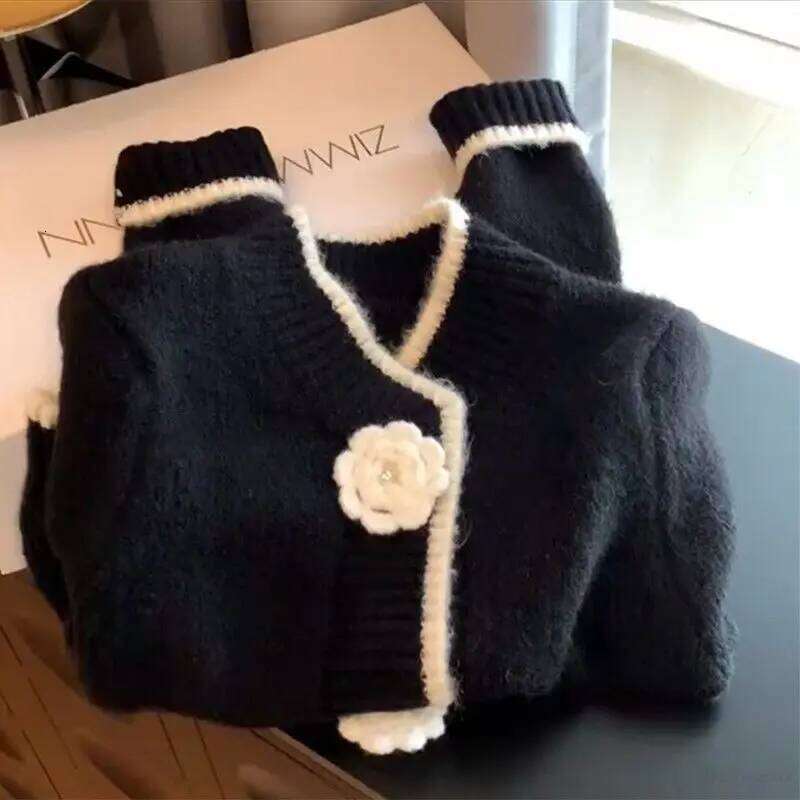 Pull Femme Tops Vintage Black Knitted Cardigan Flower Sweater Women Y2k Autumn Winter Feminino Jacket Slim Knit