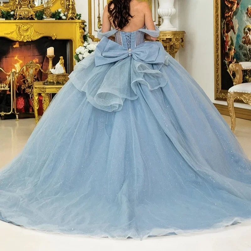 Blue Glitter Princess Quinceanera Dresses Beads Bow Crystal Tull Sweet 16 Dress Ball Gown Vestidos 15 De XV Anos