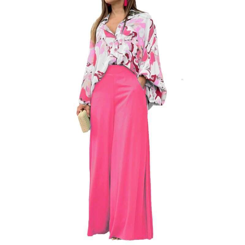 Women Clothing Spring Suit Loose Elegant Casual Print Shirt Blouse Wide Leg Pants Fashion Sets Female B5