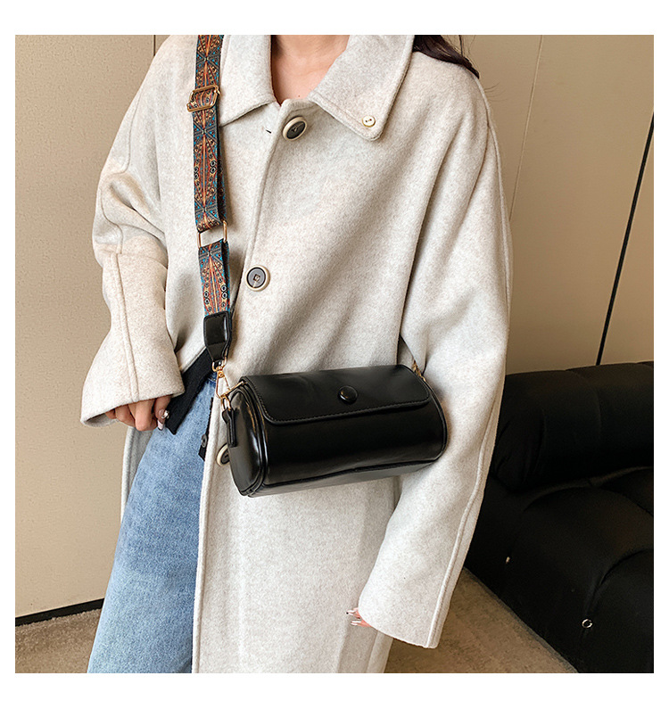 2025 Spring Fashionable All-match Wide-strap Shoulder and Crossbody Bag Cylindrical Bag Retro Small Bag Niche and Stylish Women's Bag