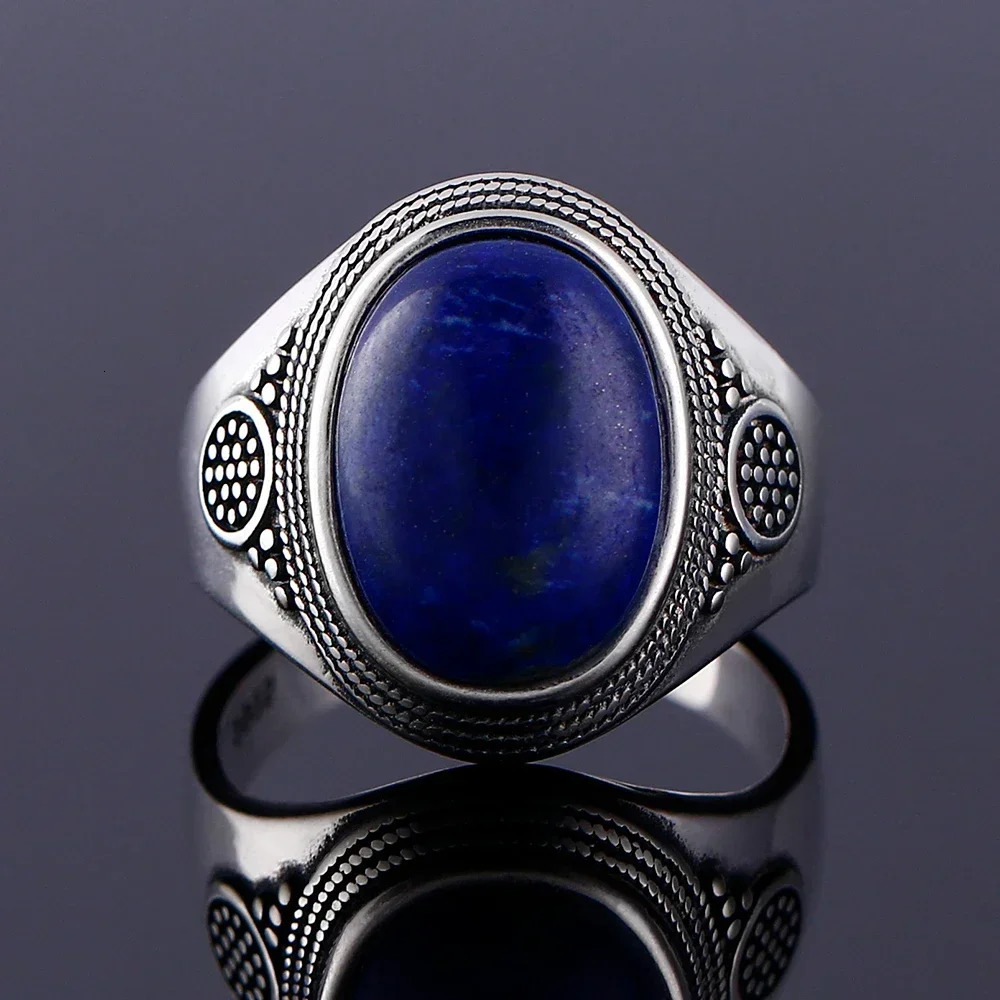 Silver S925 Ring Natural Big Oval Lapis Rings for Men Women Retro Fine Jewelry Party Anniversary Gift 250624