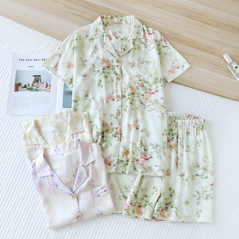 Hot selling soft and high-end touching cotton summer sleepwear, women's floral printed satin short sleeved shorts set, comfortable and casual hom